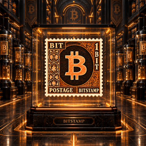 BitStamp stamp exhibited in a golden vault display